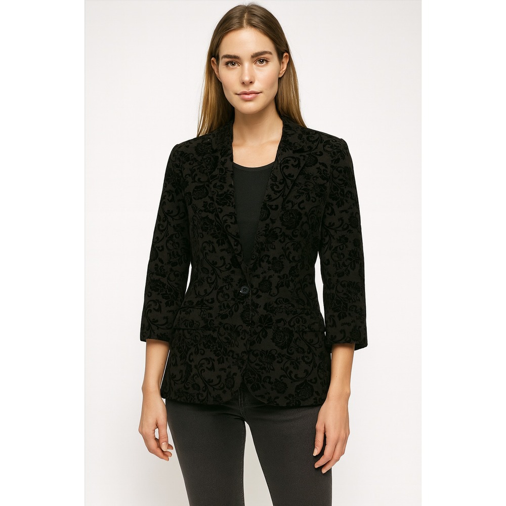 VTG Dress Barn Velvet Burnout Blazer 2X Black Floral Jacquard One Button Evening
